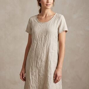 FLAX Women's 100% Linen Dress Beige Midi Lagenlook Coastal Grandma Medium